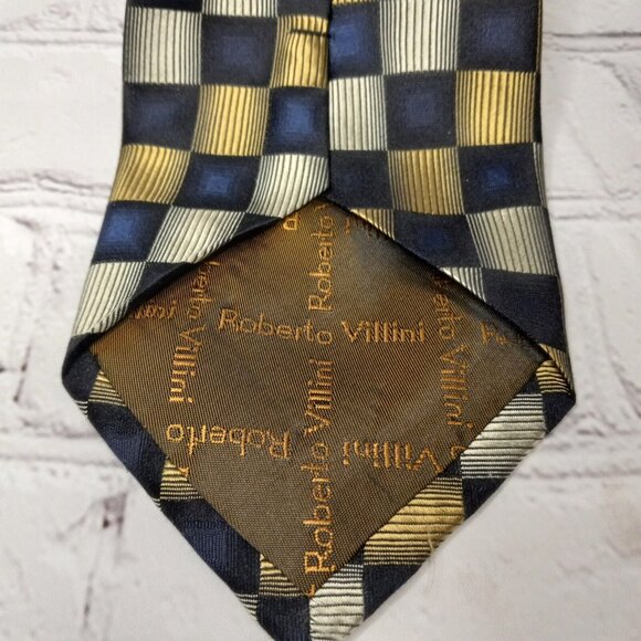Roberto Villini Mens Navy Gold Geometric All Silk Necktie - Picture 4 of 10